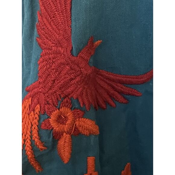 Soft Surroundings Bird Embroidered Midi Dress •M• Aztec Boho Kaftan Tassel Teal - Picture 8 of 13